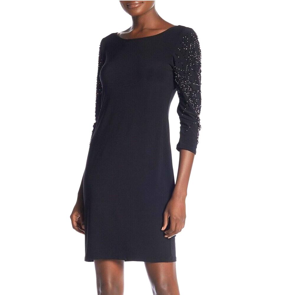 Marina Beaded 3/4 Sleeve Knit Dress Navy Size 8 L 03